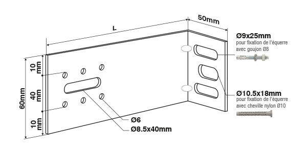 Schéma de l'équerre de bardage Scell-it avec les différentes dimensions