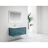 Ensemble meuble suspendu salle de bain 4 tiroirs Bleu -  Plan vasque excentré gauche ANCODESIGN - meuble suspendu + double vasque céramique + miroir LED image