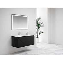 Ensemble meuble suspendu salle de bain 4 tiroirs Noir Mat - Plan vasque excentré gauche ANCODESIGN - meuble suspendu + double vasque céramique + miroir LED image