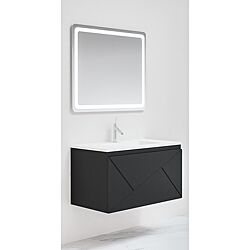 Ensemble meuble suspendu salle de bain 2 tiroirs noir mat - ANCODESIGN - meuble suspendu + simple vasque cÃ©ramique + miroir LED image