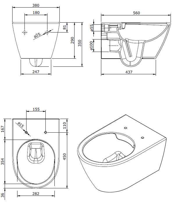 Cuvette WC suspendue ronde moderne – Sans bride – Blanc - Otterton