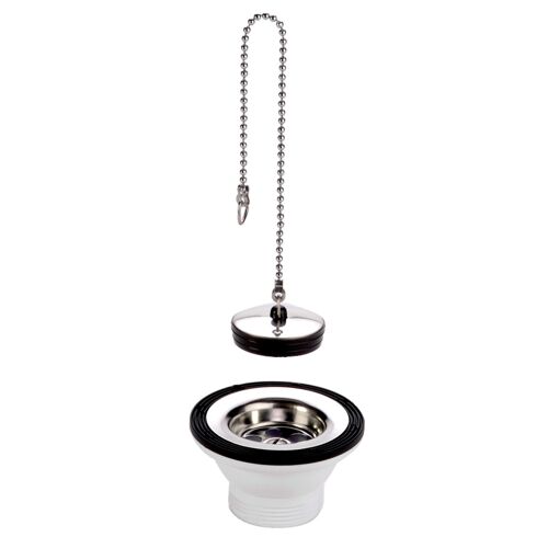 Bonde PVC évier inox avec grille inox, bouchon et chaînette image