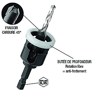 Kit terrasse : fraisoir carbure 45° perçage diamètre 4mm pour vis de 4,5 à 6mm image